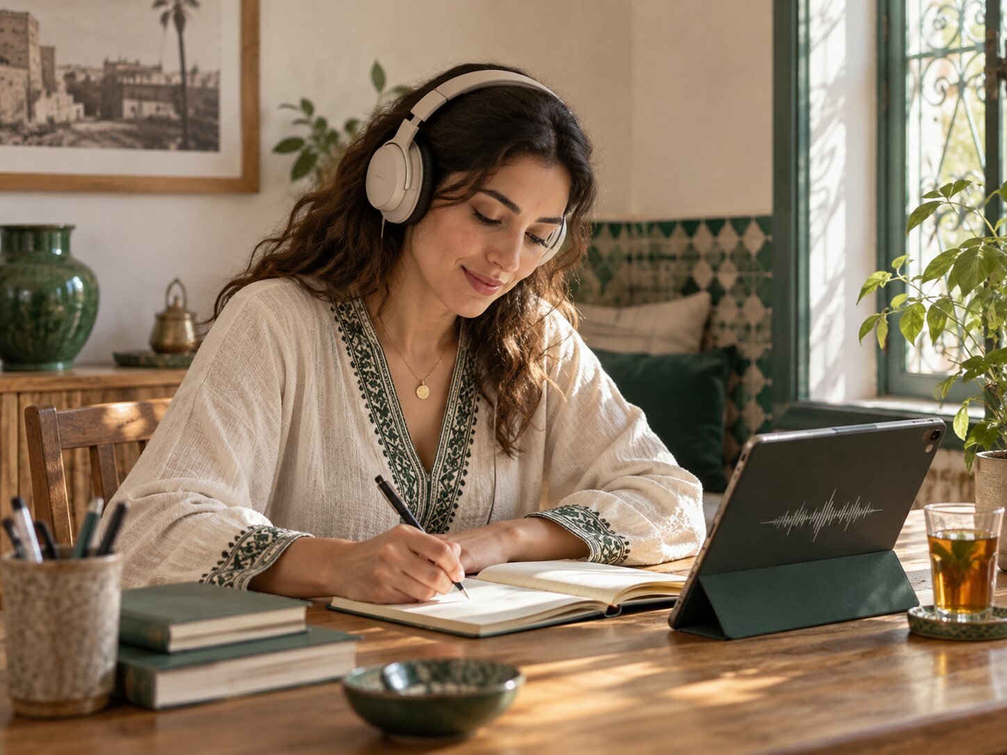 Une apprenante écoute un audio et prend des notes.