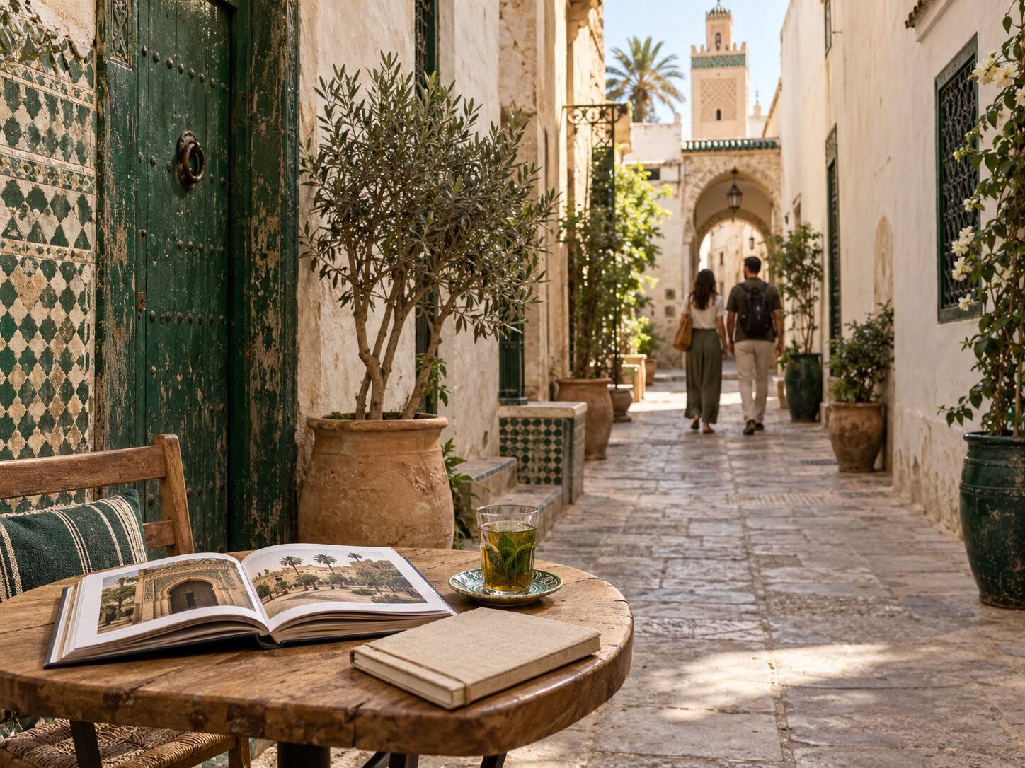 Livres et thé à l’entrée d’une ruelle marocaine.