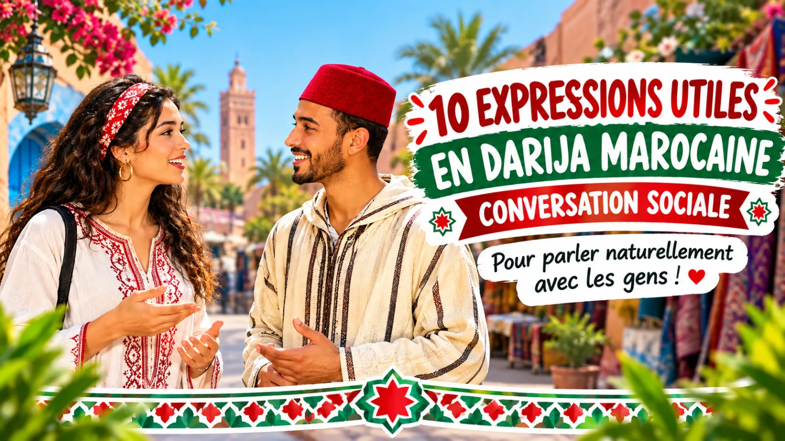 An inviting visual representing Moroccan social hospitality: two friends enjoying mint tea sitting together, warm daylight, authentic Moroccan living room with zellige tiles, friendly atmosphere, clean design, no text, no logos.