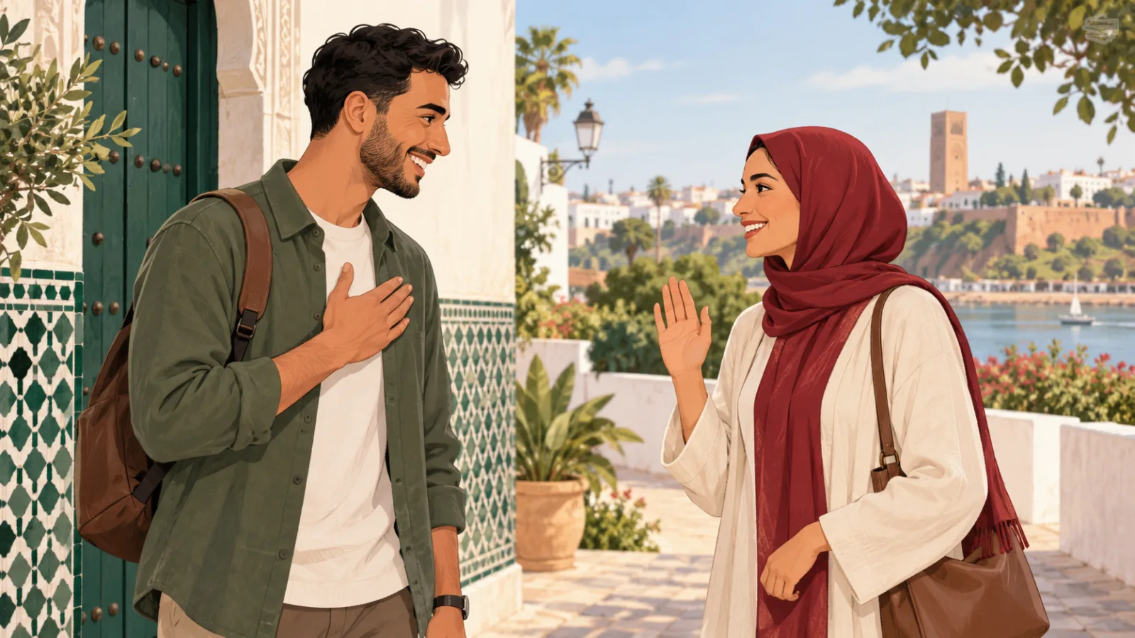 Deux personnes se saluent dans un décor marocain à Rabat.