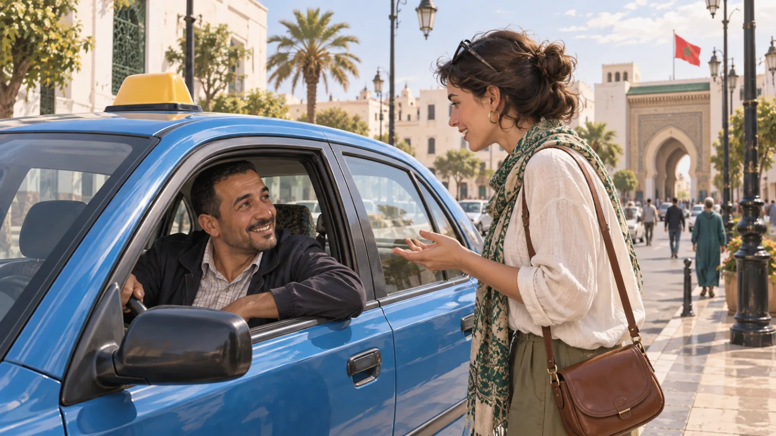 Une voyageuse échange avec un chauffeur à la fenêtre d’un taxi bleu au Maroc.