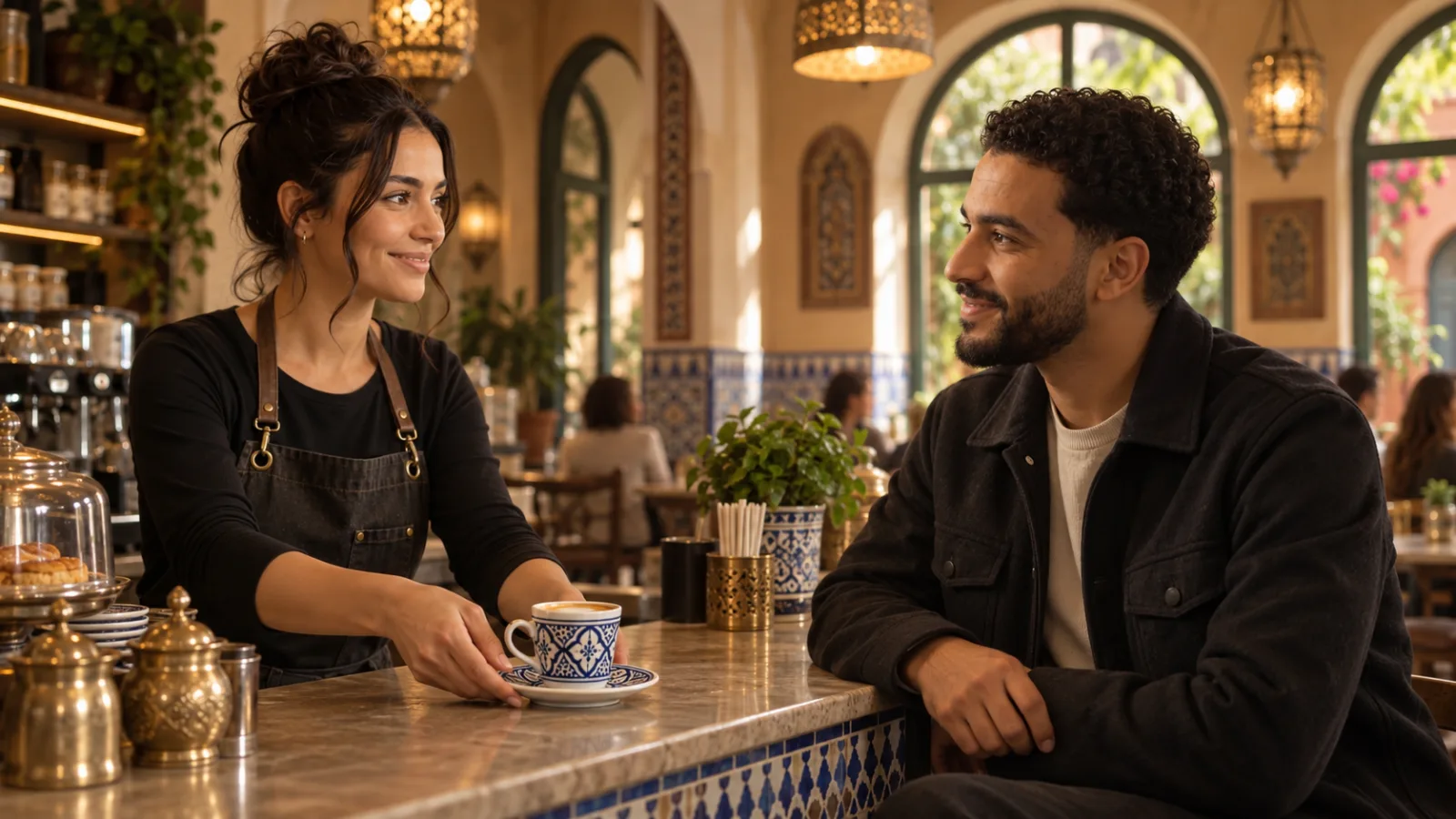 Serveuse apportant un café à un client dans un café marocain chaleureux au décor traditionnel.