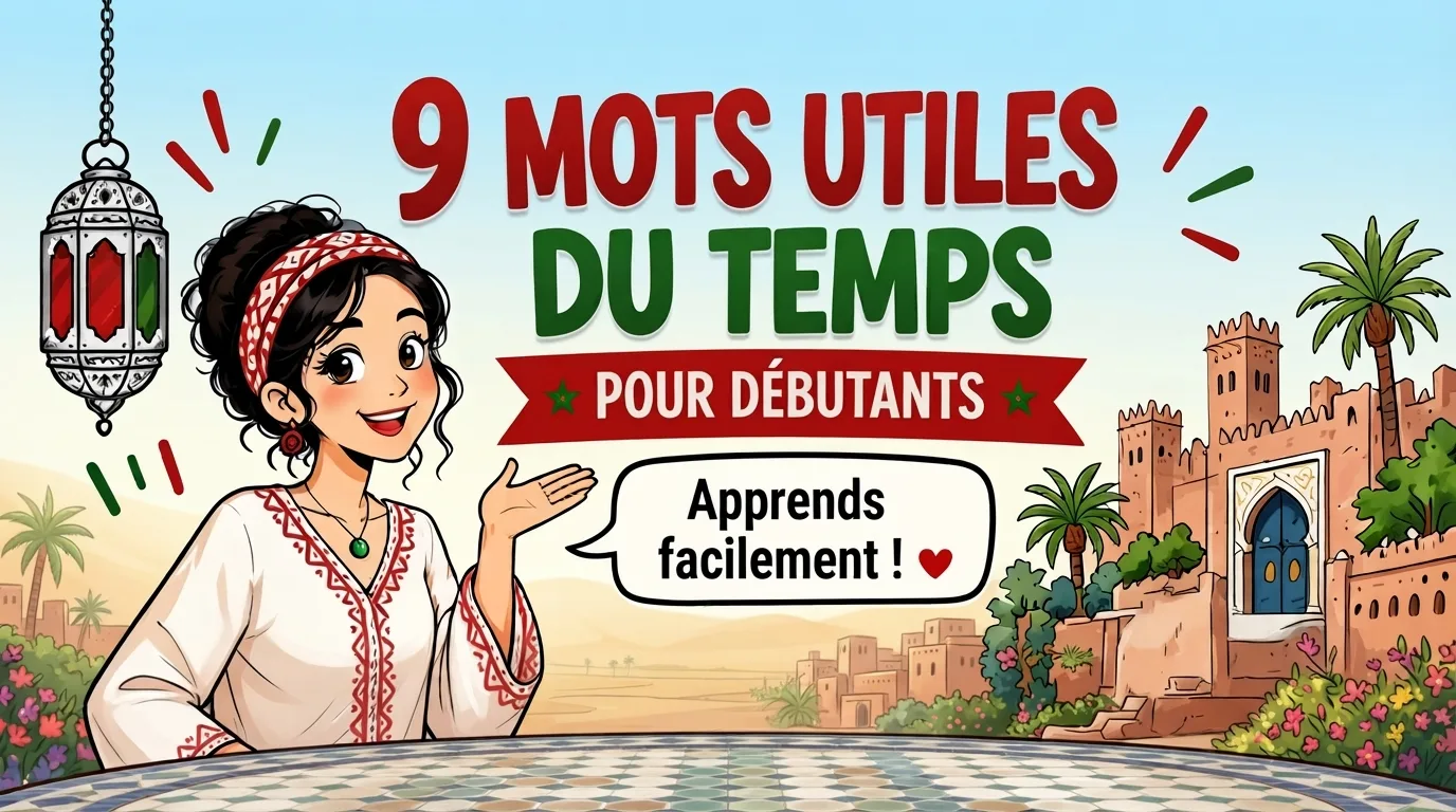 Couverture illustrant une femme souriante en tenue traditionnelle marocaine, une lanterne, une kasbah, et le titre "9 Mots Utiles du Temps pour Débutants